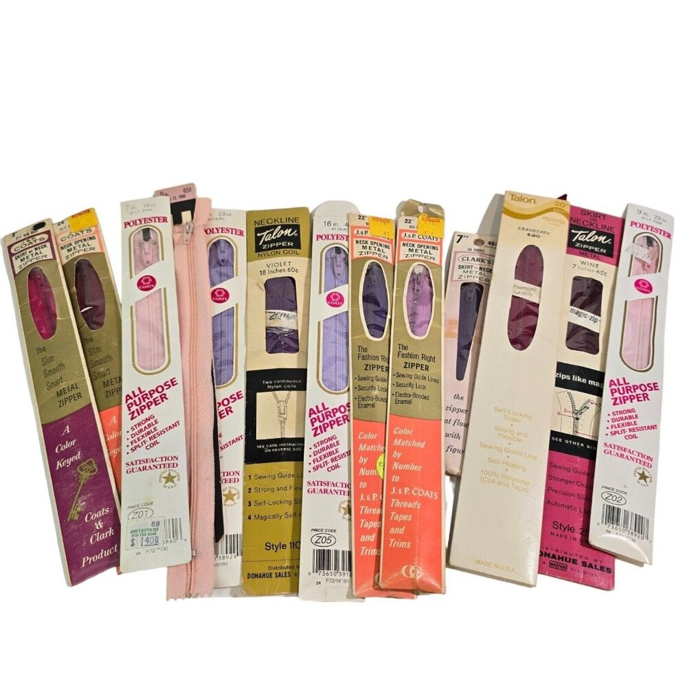 Vintage Zipper Lot PINK PURPLE Talon ZEPHyR Coats Clarks Metal Sewing Violet 13